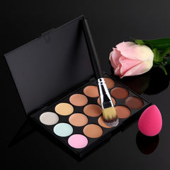 3 in1 Set 15 Color Concealer Palette + Makeup Brush + Cute Pink Sponge