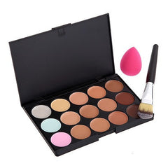 3 in1 Set 15 Color Concealer Palette + Makeup Brush + Cute Pink Sponge